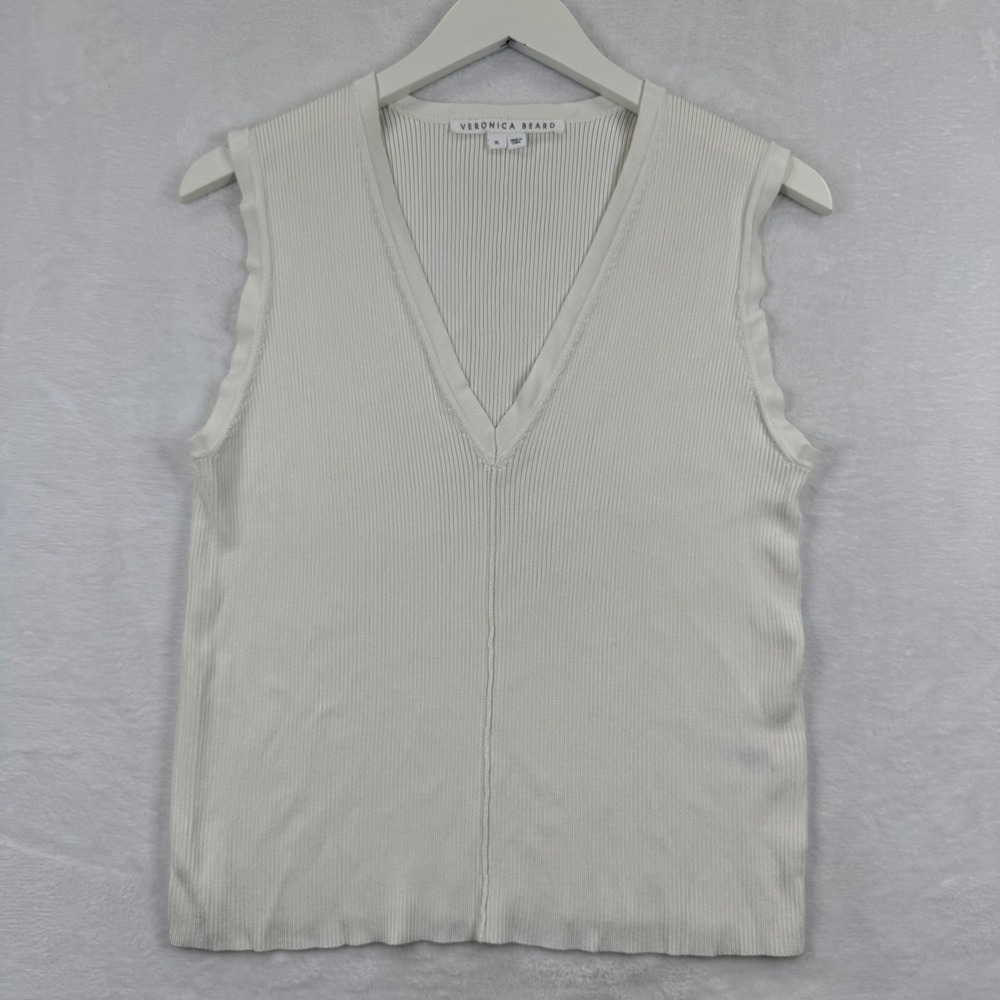 Veronica Beard Womens XL Off-White Ribbed V-Neck Sleeveless Knit Shell‎ Top